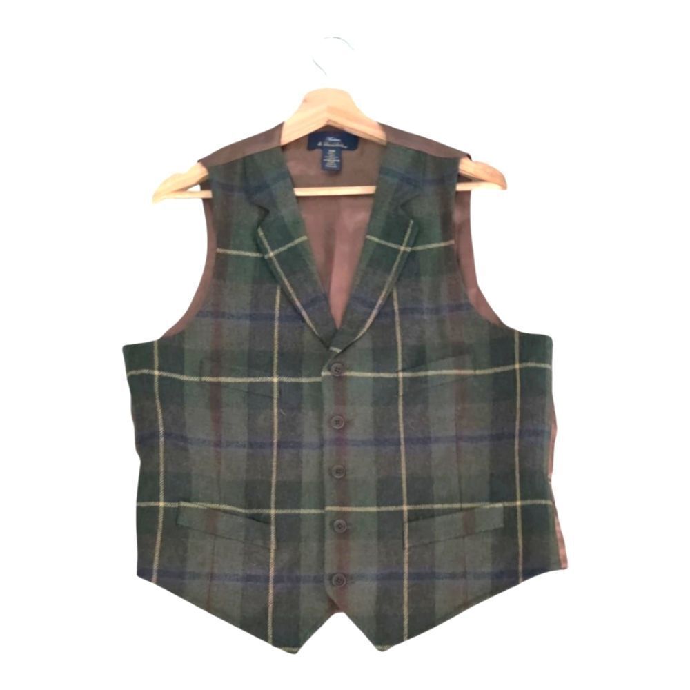 Brooks Brothers Madison 100% Lambs Wool Multicolor Green Plaid Vest Size 40R